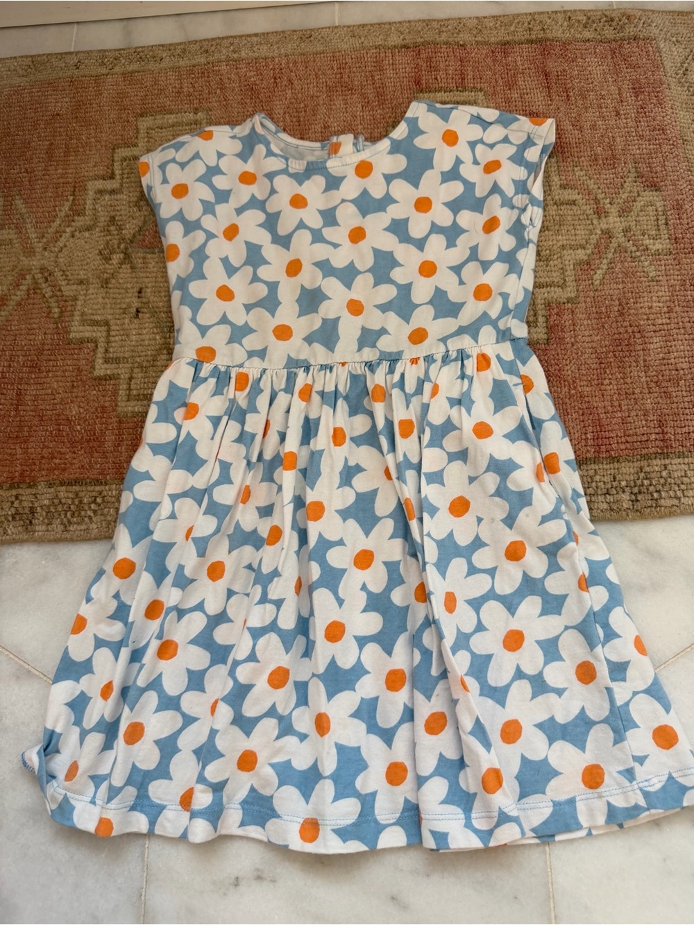 Primary Blue Dress with White Daisies and Orange Centers
